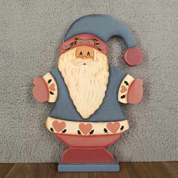 Hand Painted Wooden Santa Claus Heart Accents Christmas Folk‎ Country Decoration - Picture 1 of 5